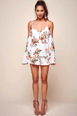 White Floral Cold Shoulder Spaghetti Strap Layered Romper