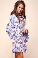 Blue Floral Deep V-Neck Tiered Bell Sleeve Mini Dress
