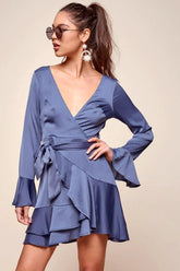 Blue Satin Deep V-Neck Bell Sleeve Tiered Ruffle Wrap Mini Dress