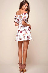 White Floral Off-Shoulder Puff Sleeve Skater Mini Dress
