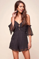 Black Lace Cold Shoulder Tie Front Spaghetti Strap Romper