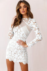 White Floral Lace High Neck Long Sleeve Bodycon Mini Dress