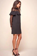 Black Lace High Neck Long Sleeve Ruffle Shift Mini Dress