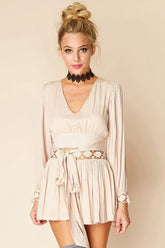 Beige V-Neck Long Sleeve Crochet Waist Tie Boho Romper