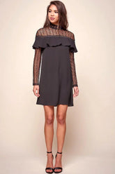 Black Lace High Neck Long Sleeve Ruffle Shift Mini Dress