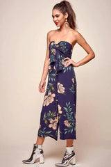 Navy Floral Print Strapless Bow Tie Front Wide Leg Jumpsuit
