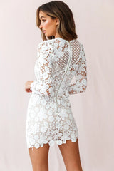 White Floral Lace High Neck Long Sleeve Bodycon Mini Dress