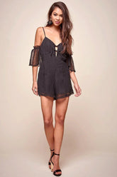 Black Lace Cold Shoulder Tie Front Spaghetti Strap Romper