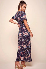 Navy Floral Print V-Neck Short Sleeve Wrap Maxi Dress