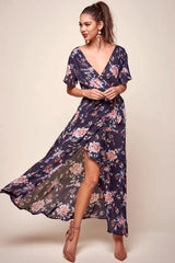 Navy Floral Print V-Neck Short Sleeve Wrap Maxi Dress