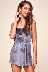 Charcoal Grey Velvet Strapless Open Back Mini Romper