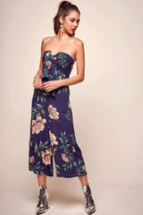 Navy Floral Print Strapless Bow Tie Front Wide Leg Jumpsuit