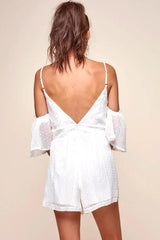 White Textured Cold Shoulder Tie Front Mini Romper