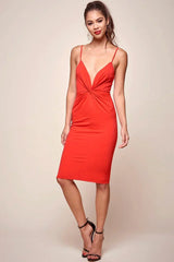 Red Deep V-Neck Twist Front Spaghetti Strap Bodycon Midi Dress