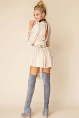 Beige V-Neck Long Sleeve Crochet Waist Tie Boho Romper