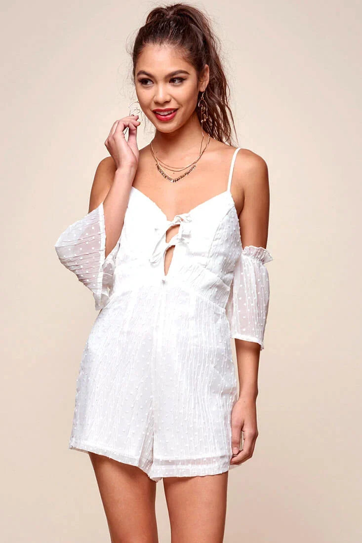 White Textured Cold Shoulder Tie Front Mini Romper