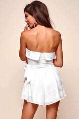 White Strapless Tie Waist Flared Skirt Mini Romper