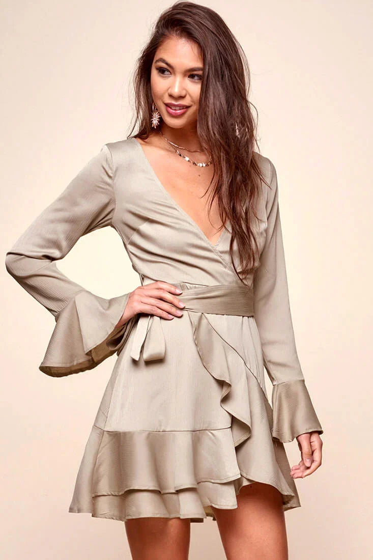 Olive Satin V-Neck Bell Sleeve Tiered Ruffle Wrap Mini Dress