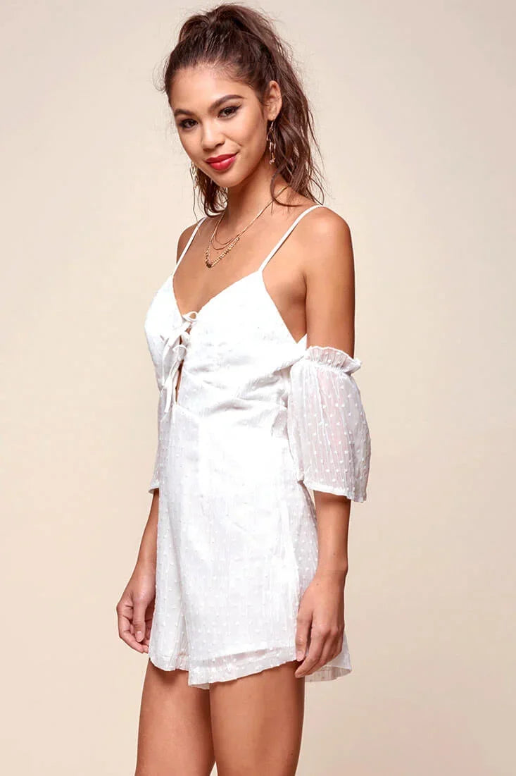 White Textured Cold Shoulder Tie Front Mini Romper
