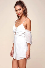 White Textured Cold Shoulder Tie Front Mini Romper