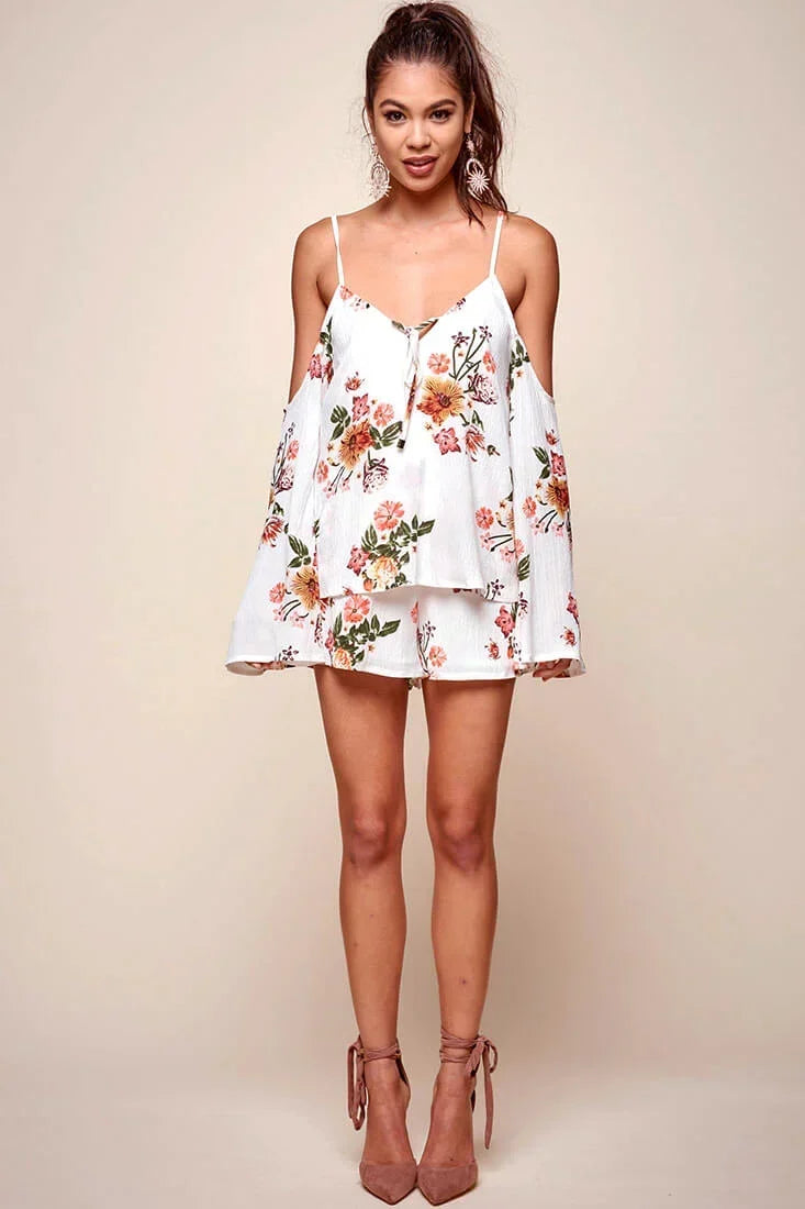White Floral Cold Shoulder Spaghetti Strap Layered Romper