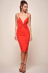 Red Deep V-Neck Twist Front Spaghetti Strap Bodycon Midi Dress