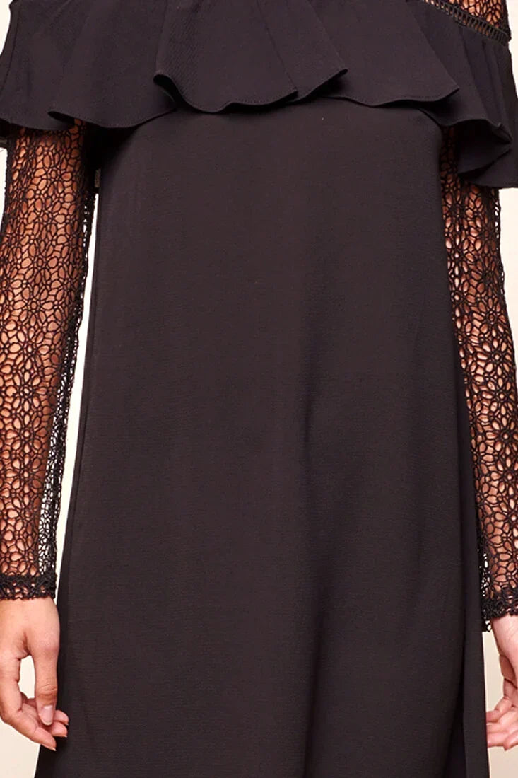 Black Lace High Neck Long Sleeve Ruffle Shift Mini Dress