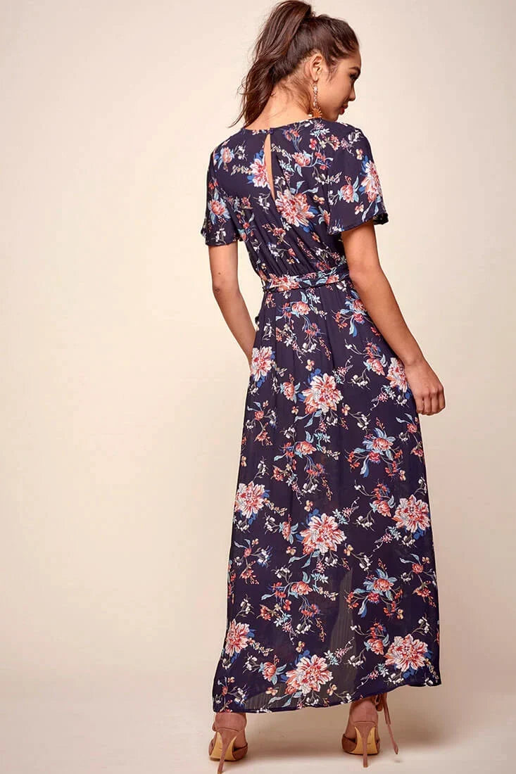 Navy Floral Print V-Neck Short Sleeve Wrap Maxi Dress