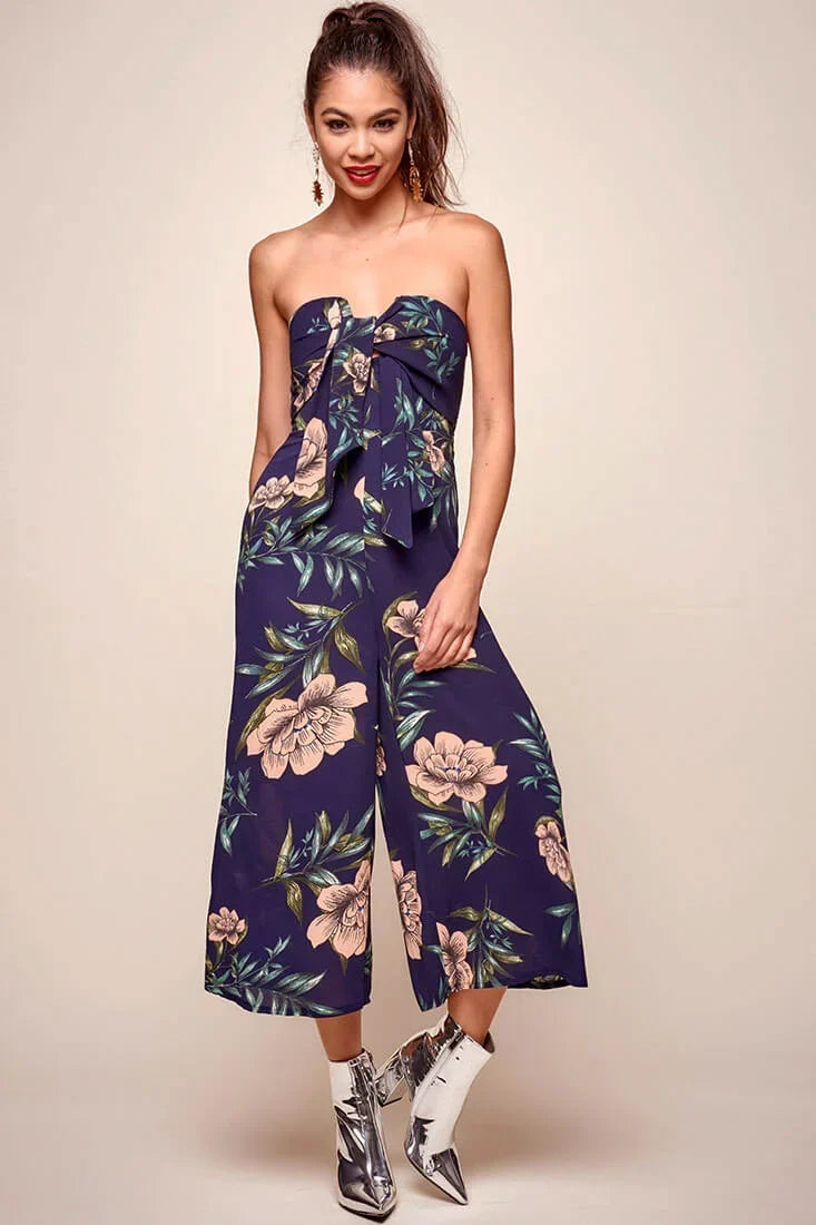 Navy Floral Print Strapless Bow Tie Front Wide Leg Jumpsuit