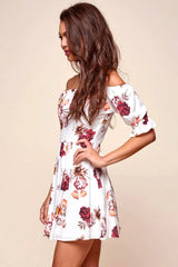 White Floral Off-Shoulder Puff Sleeve Skater Mini Dress
