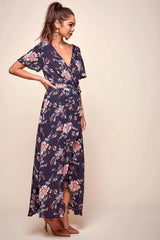 Navy Floral Print V-Neck Short Sleeve Wrap Maxi Dress