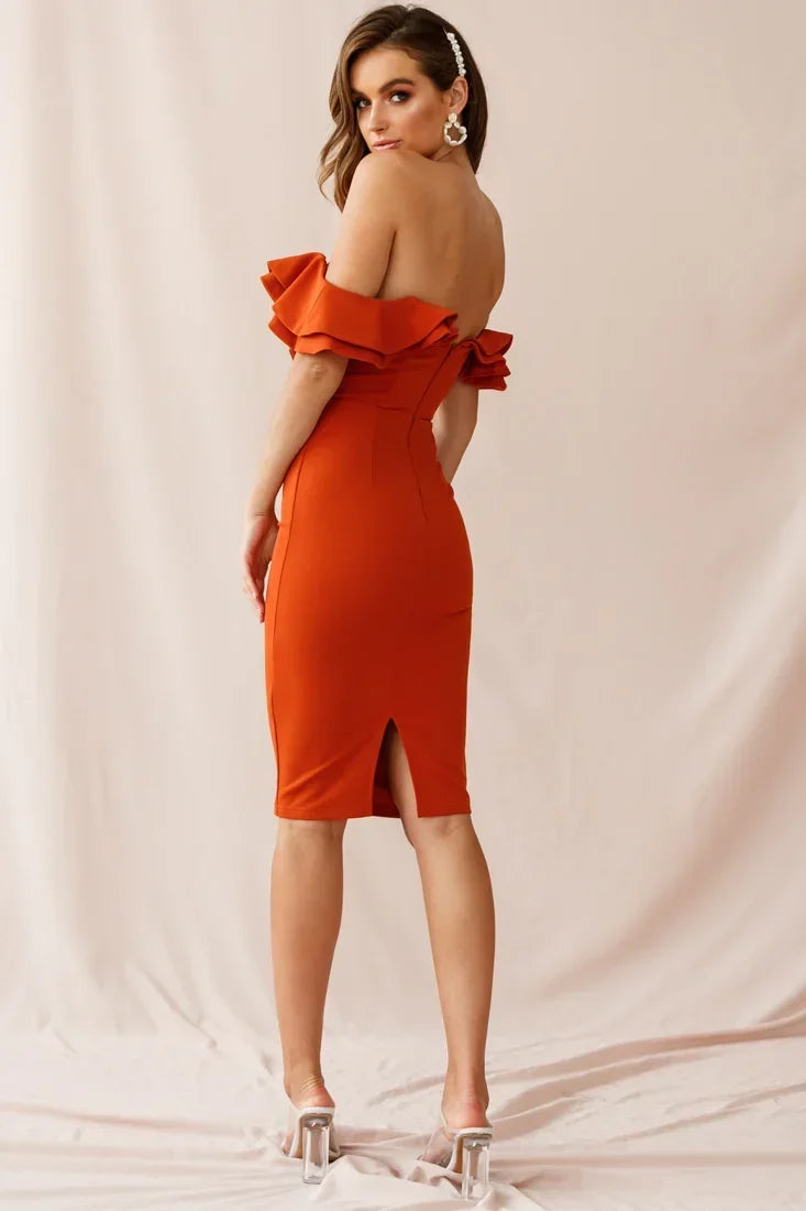 Rust Off-Shoulder Ruffle Sweetheart Bodycon Midi Dress