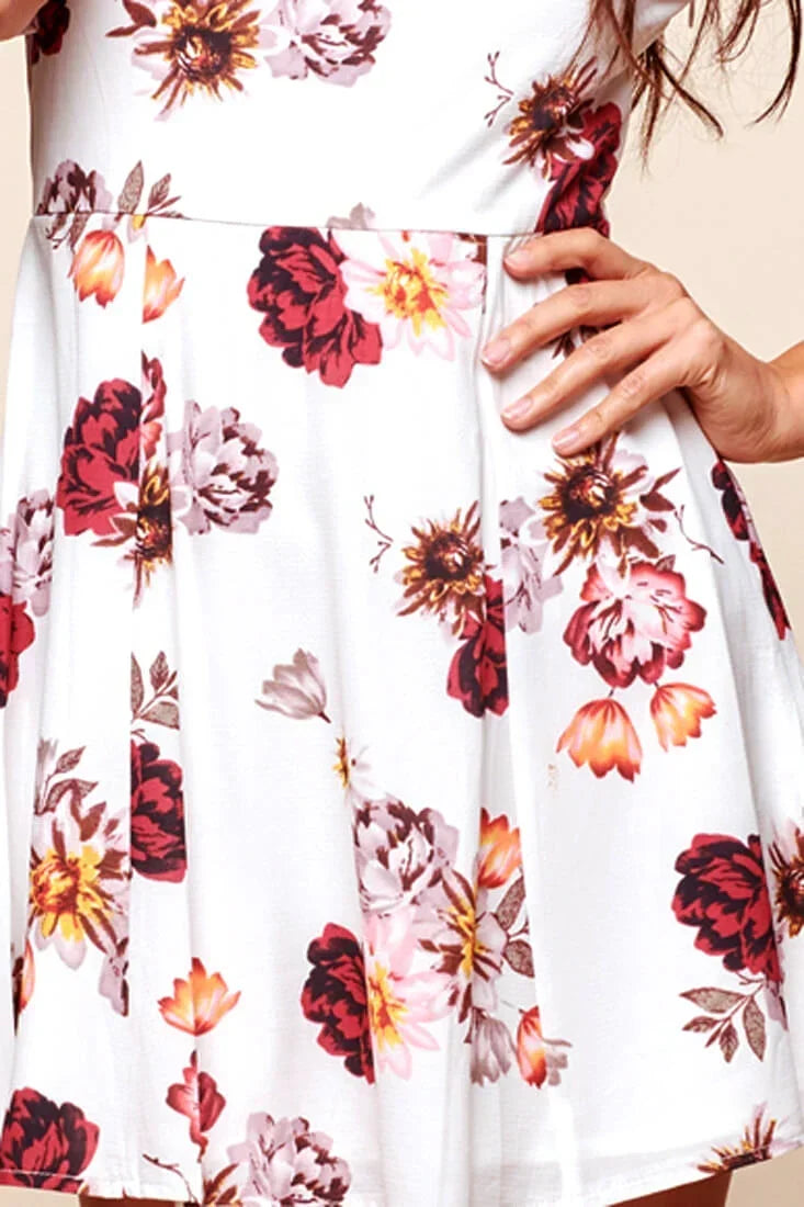 White Floral Off-Shoulder Puff Sleeve Skater Mini Dress