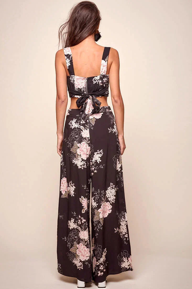 Black Floral Print High Waist Wide Leg Palazzo Pants