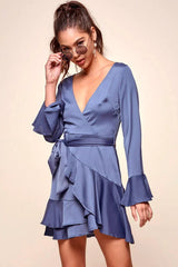 Blue Satin Deep V-Neck Bell Sleeve Tiered Ruffle Wrap Mini Dress