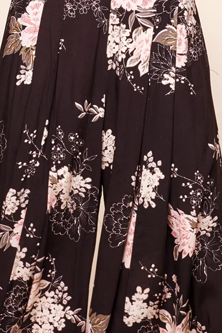 Black Floral Print High Waist Wide Leg Palazzo Pants