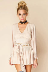 Beige V-Neck Long Sleeve Crochet Waist Tie Boho Romper
