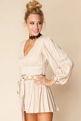 Beige V-Neck Long Sleeve Crochet Waist Tie Boho Romper