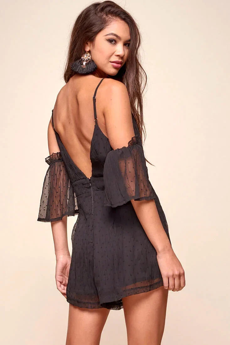 Black Lace Cold Shoulder Tie Front Spaghetti Strap Romper