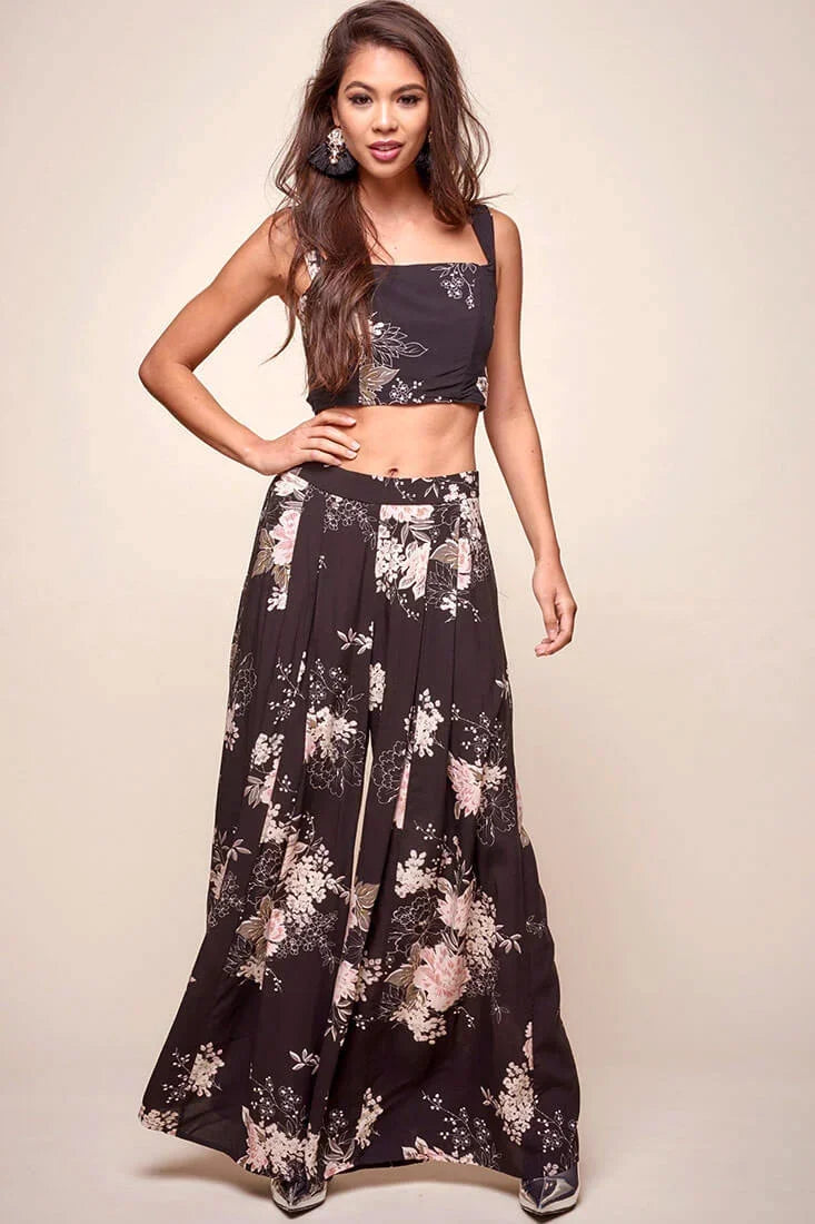 Black Floral Print High Waist Wide Leg Palazzo Pants