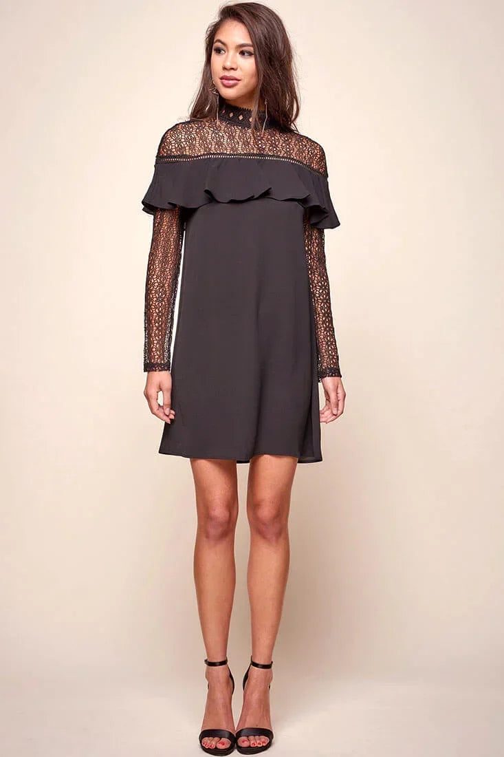 Black Lace High Neck Long Sleeve Ruffle Shift Mini Dress