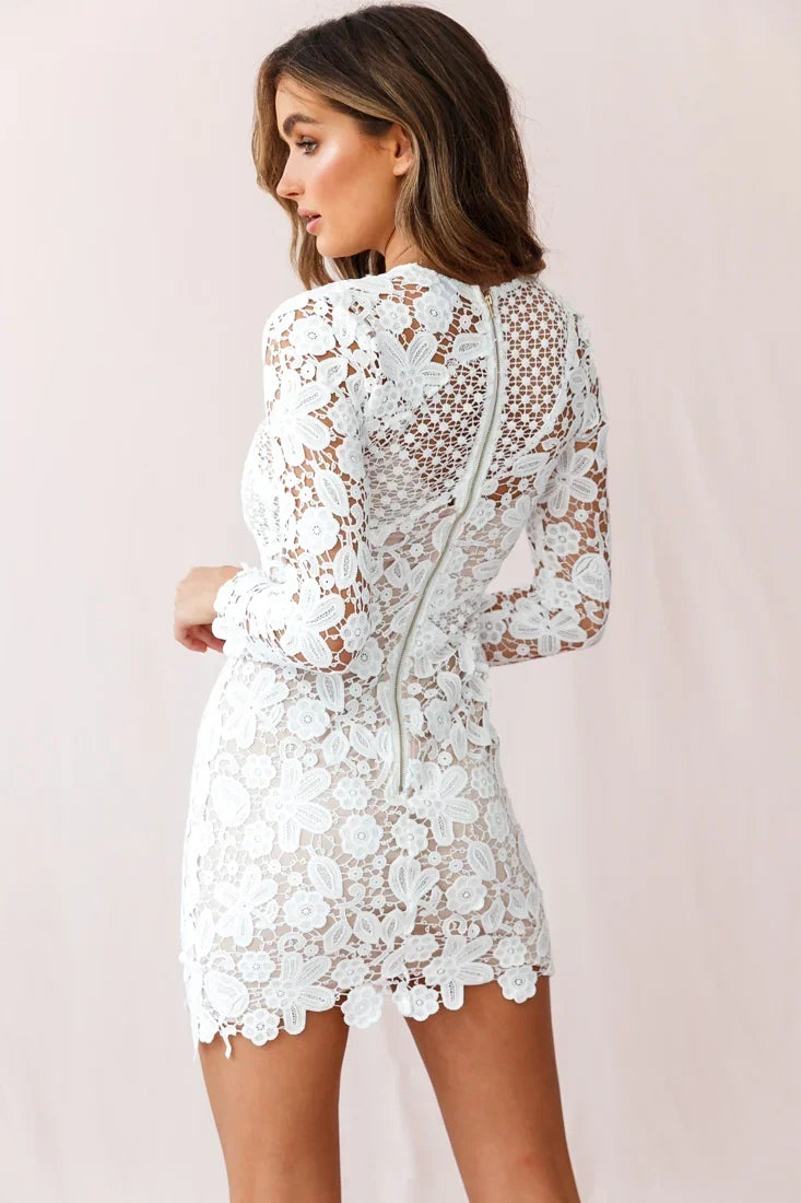 White Floral Lace High Neck Long Sleeve Bodycon Mini Dress