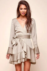 Olive Satin V-Neck Bell Sleeve Tiered Ruffle Wrap Mini Dress