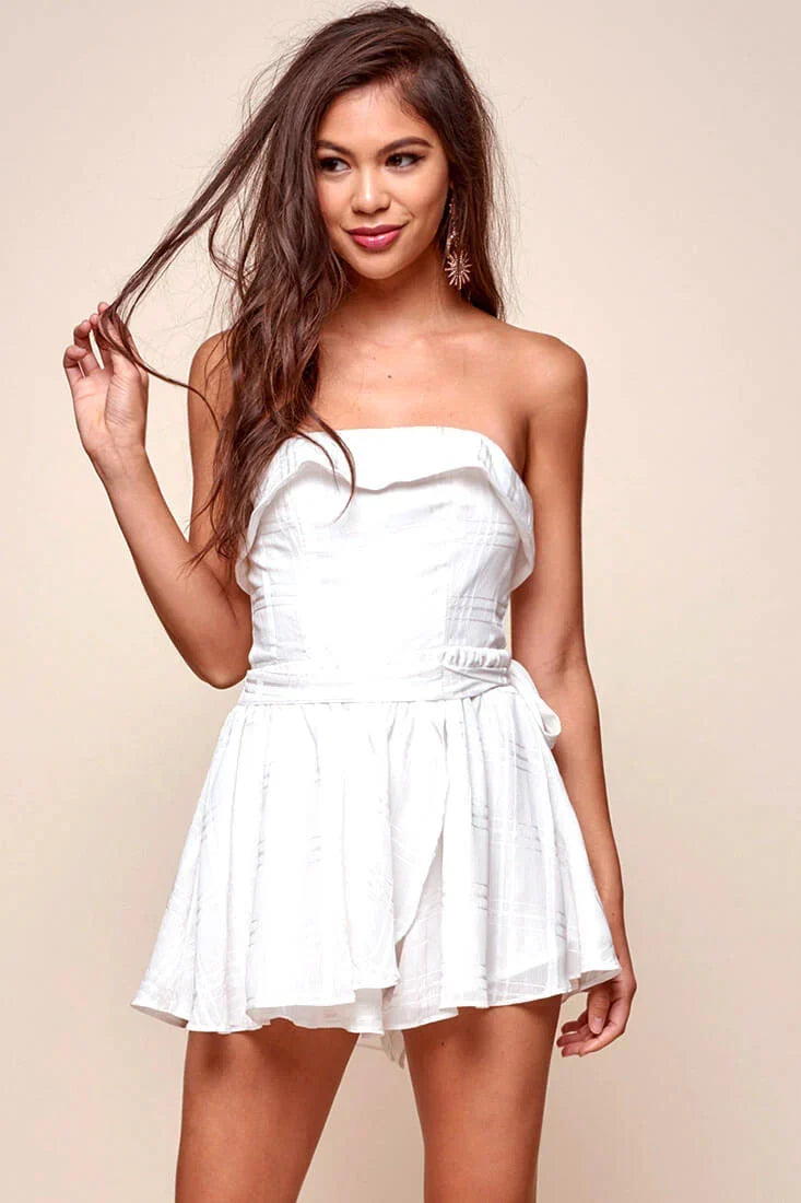 White Strapless Tie Waist Flared Skirt Mini Romper