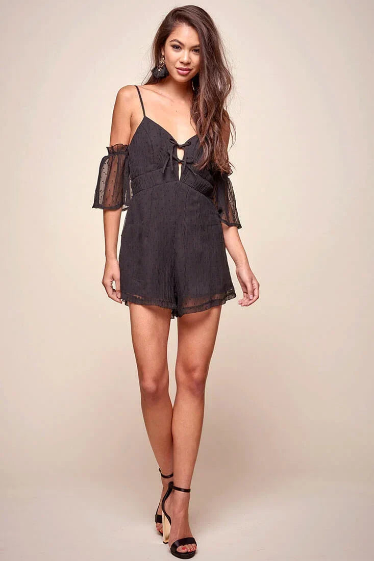 Black Lace Cold Shoulder Tie Front Spaghetti Strap Romper