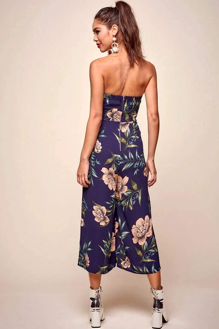 Navy Floral Print Strapless Bow Tie Front Wide Leg Jumpsuit