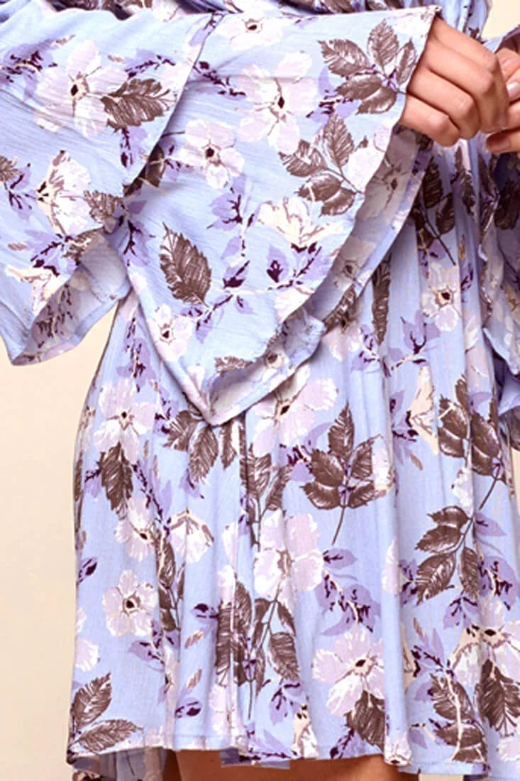 Blue Floral Deep V-Neck Tiered Bell Sleeve Mini Dress