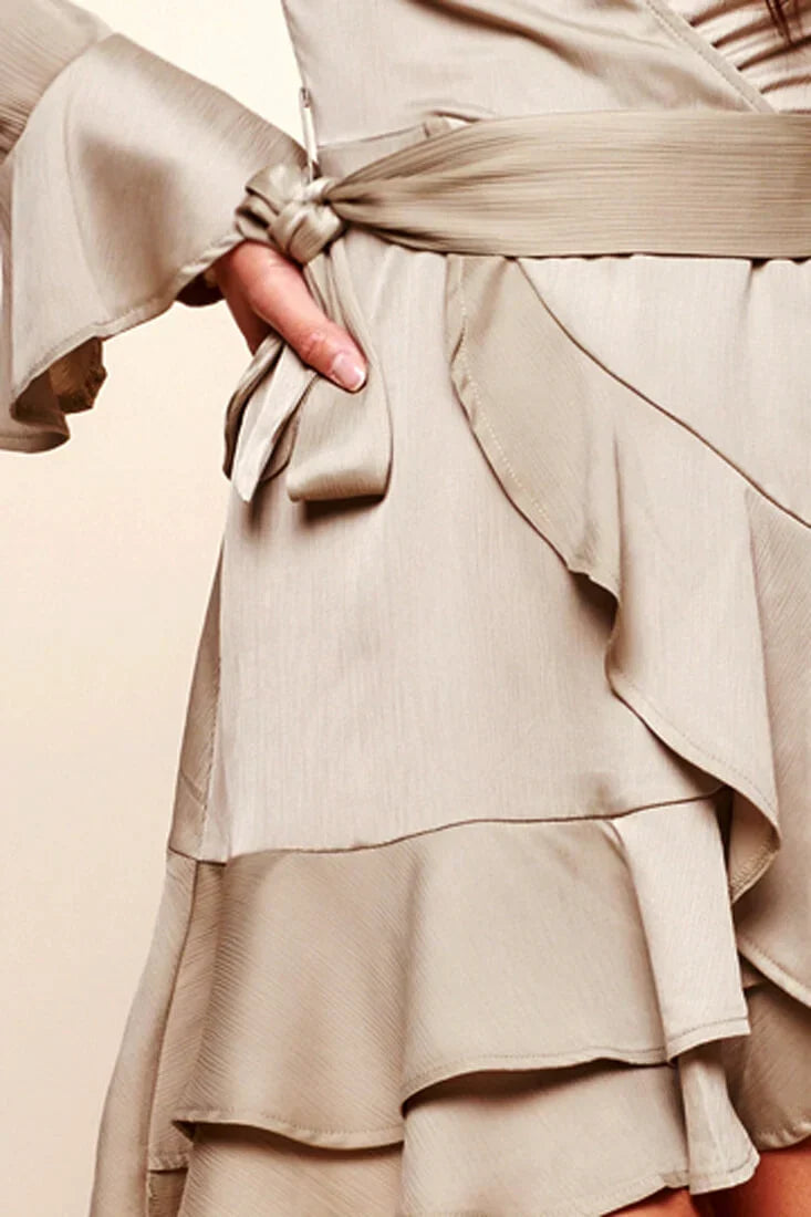 Olive Satin V-Neck Bell Sleeve Tiered Ruffle Wrap Mini Dress
