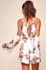 White Floral Cold Shoulder Spaghetti Strap Layered Romper