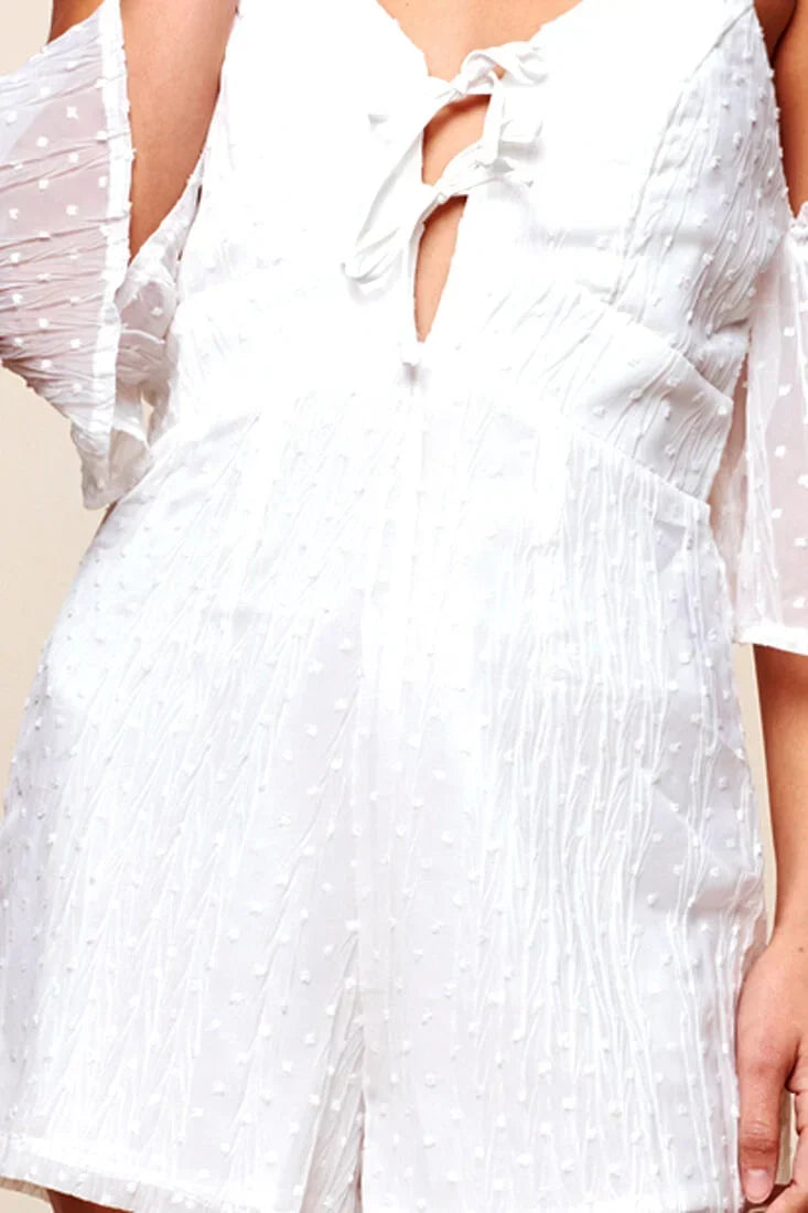 White Textured Cold Shoulder Tie Front Mini Romper